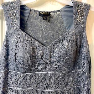 Beautiful silver/lace & beaded long evening dress for wedding or special event.